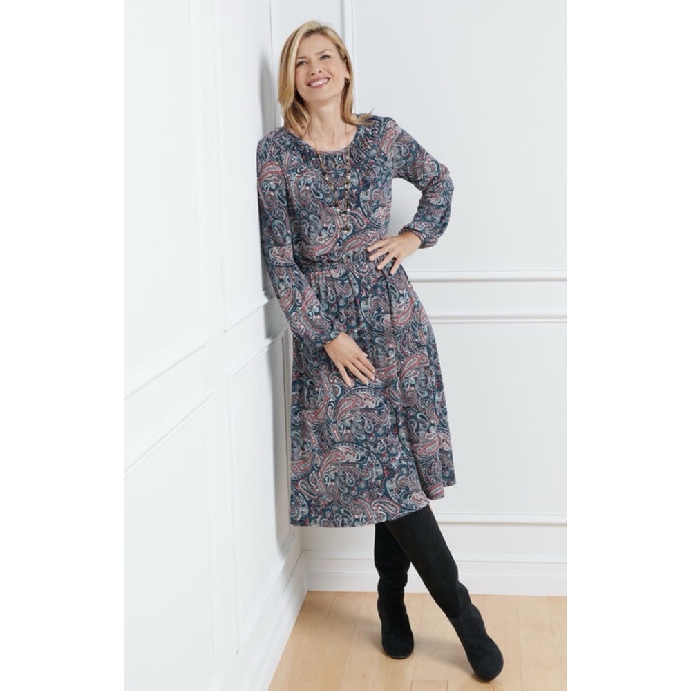 Talbots Women's Smocked Blue Paisley 3/4 Sleeve Knee Length A-Line‎ Dress Small